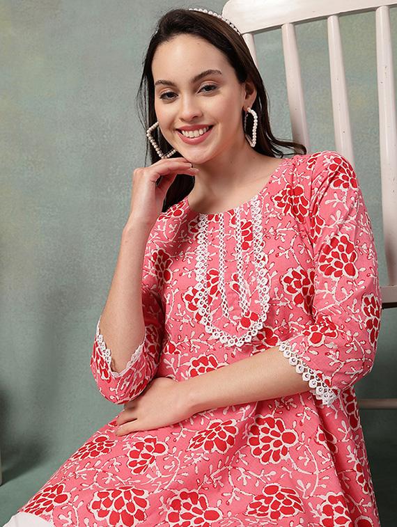 women printed three quarter sleeve a-line kurti - 22041010 - Standard Image - 1