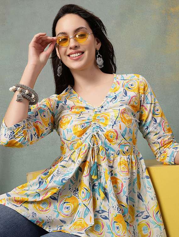 women printed three quarter sleeve a-line kurti