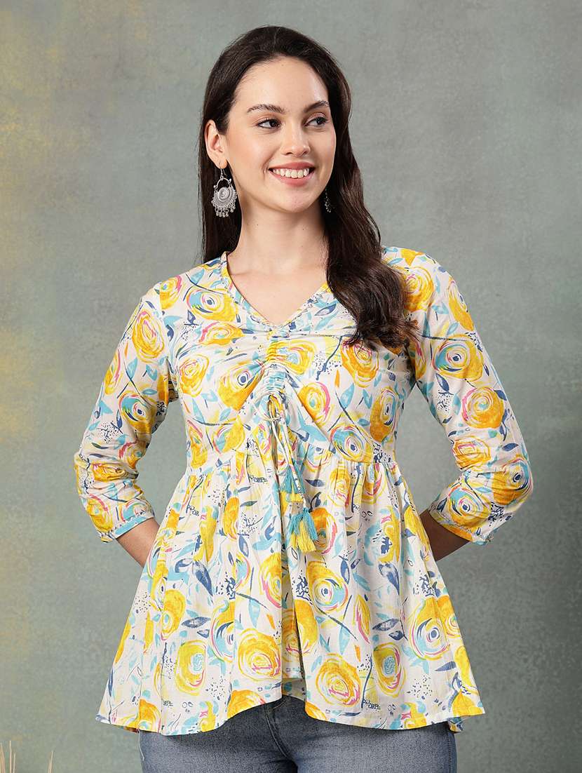 women printed three quarter sleeve a-line kurti - 22041011 - Standard Image - 1