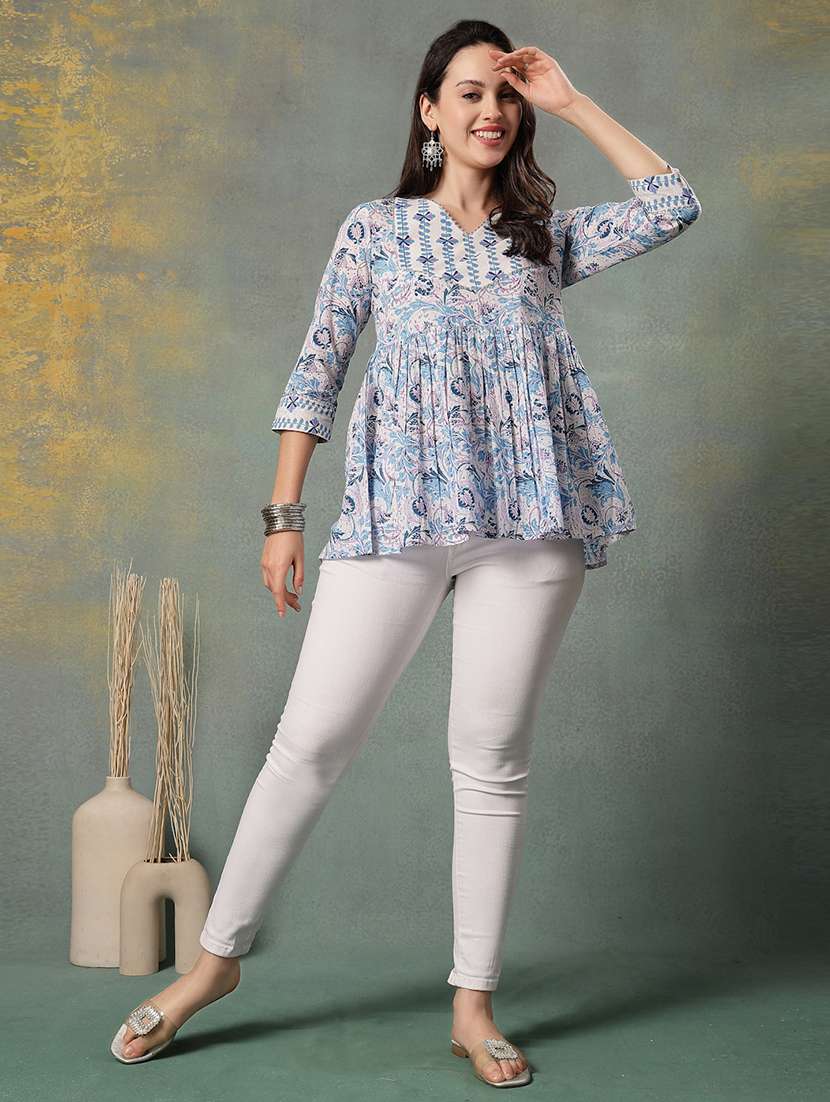 women printed three quarter sleeve flared kurti - 22041012 - Standard Image - 1