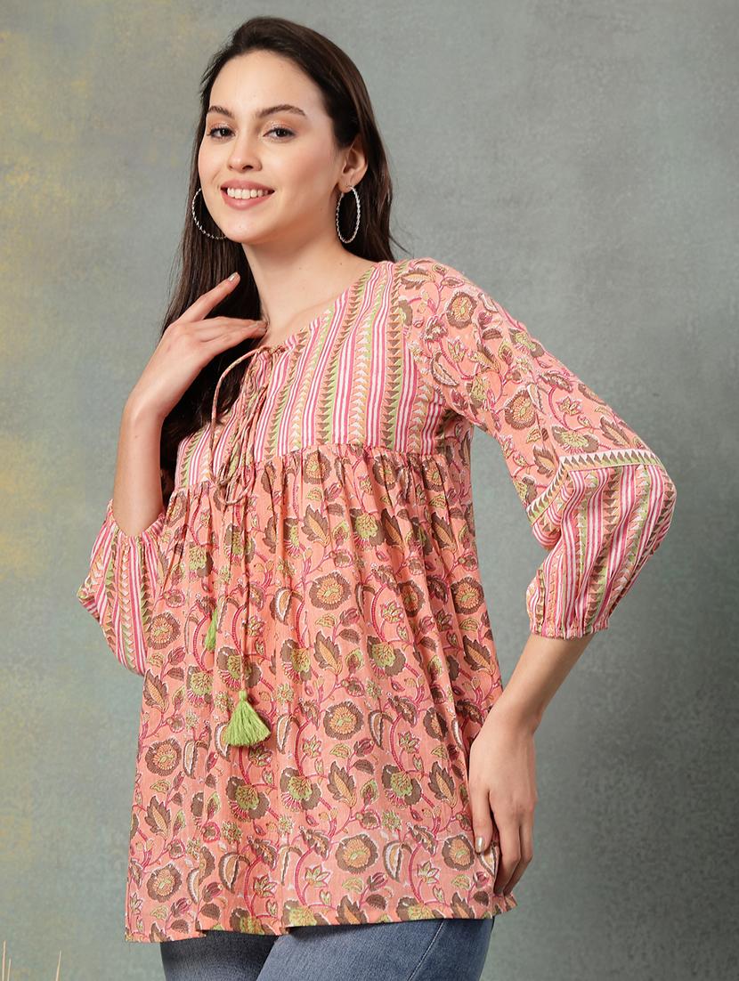 women printed tie up neck a-line top - 22041015 - Standard Image - 1