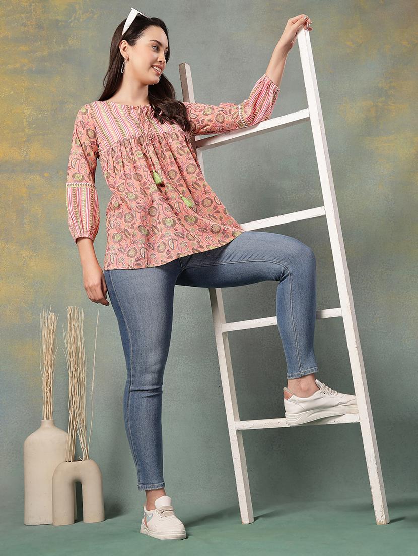 women printed tie up neck a-line top - 22041015 - Standard Image - 4