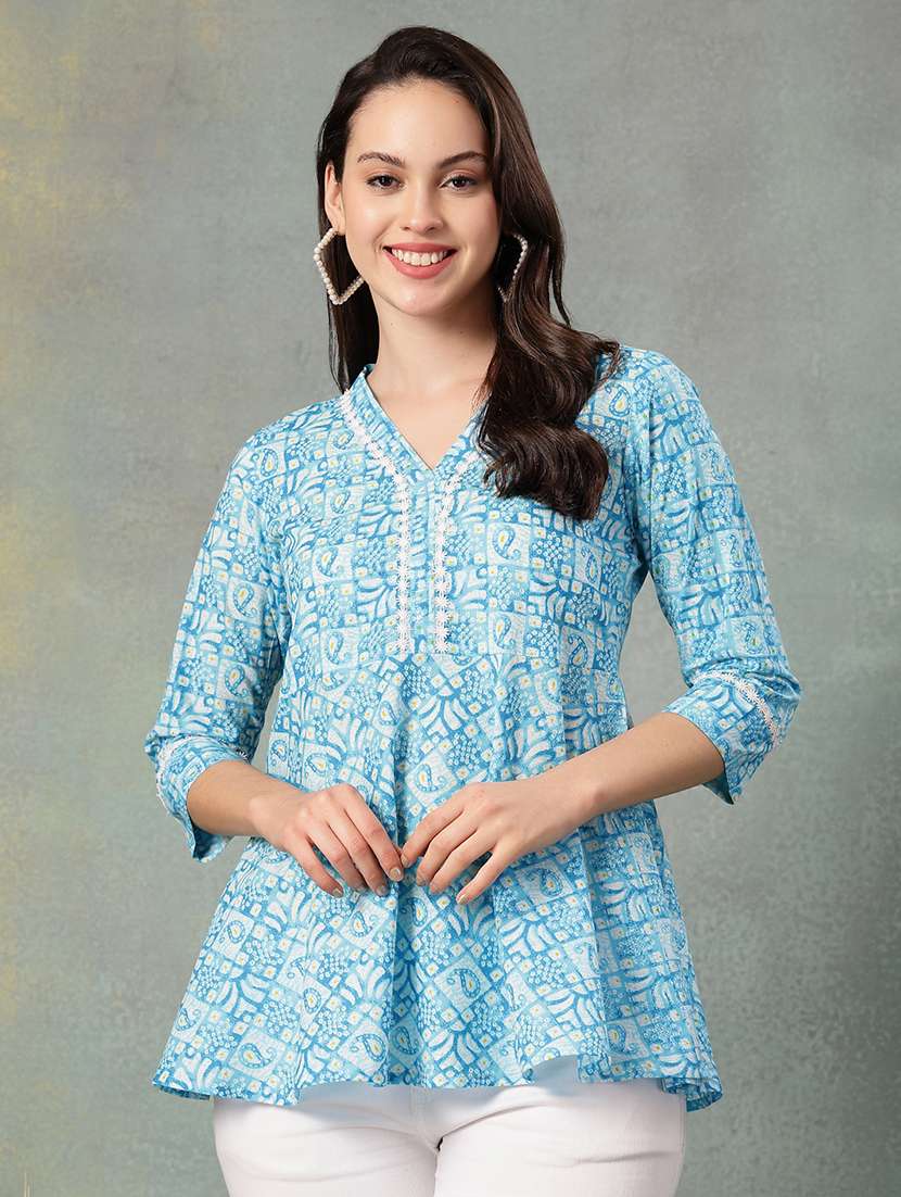 women printed three quarter sleeve a-line kurti