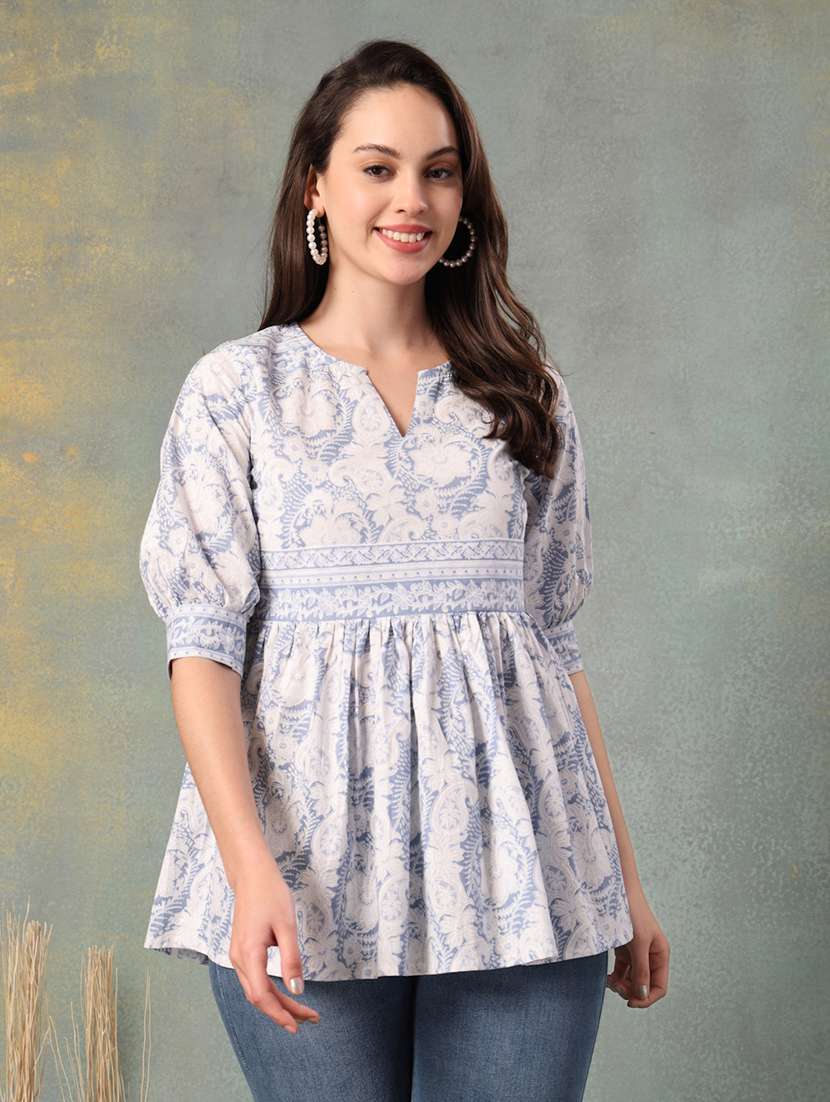women printed puff sleeve a-line kurti