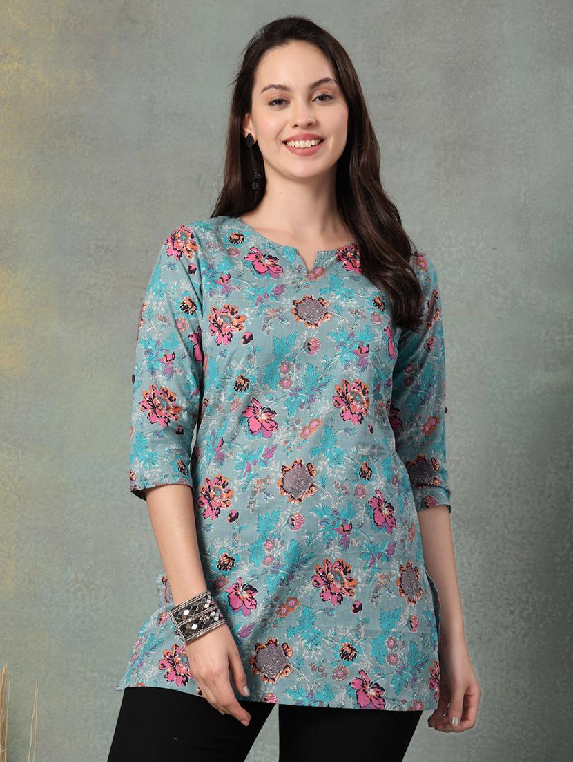 women printed three quarter sleeve straight kurti - 22041031 - Standard Image - 1