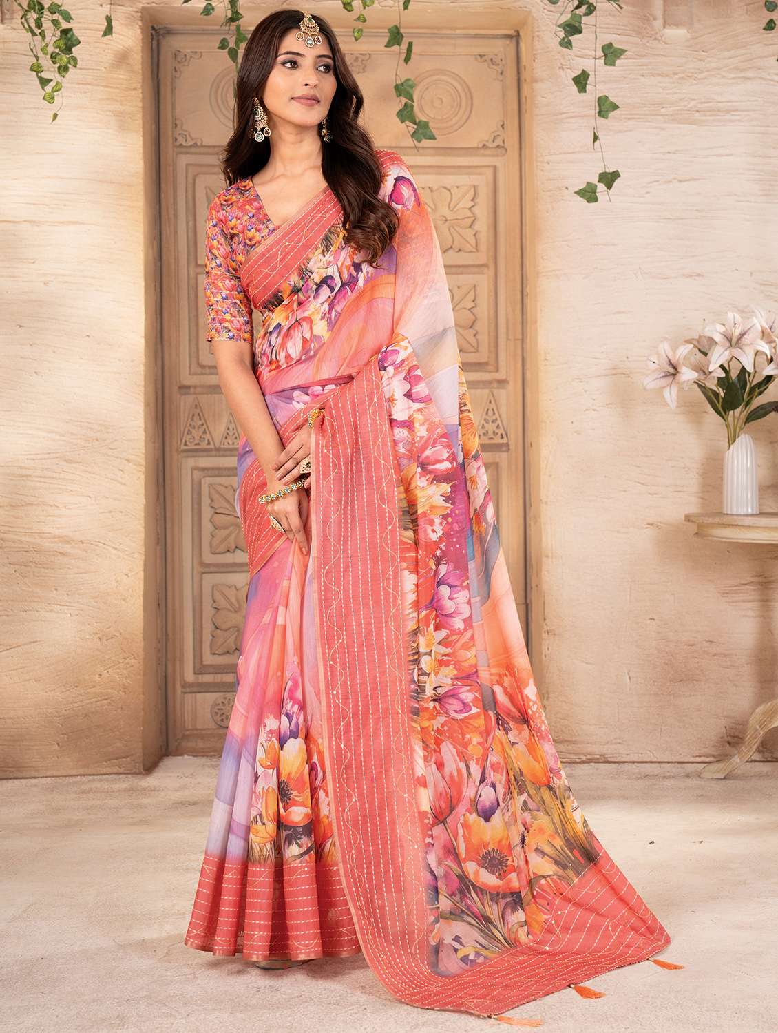 women printed casual wear saree with blouse