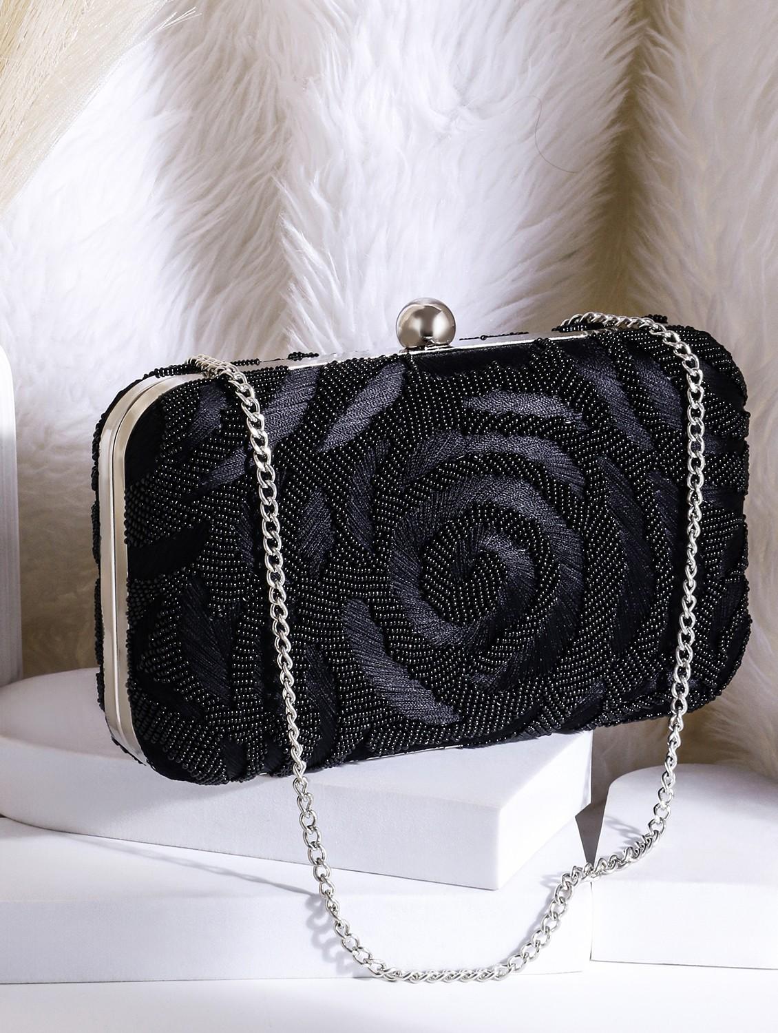 black zari work suede box clutch - 22041129 - Zoom Image - 0