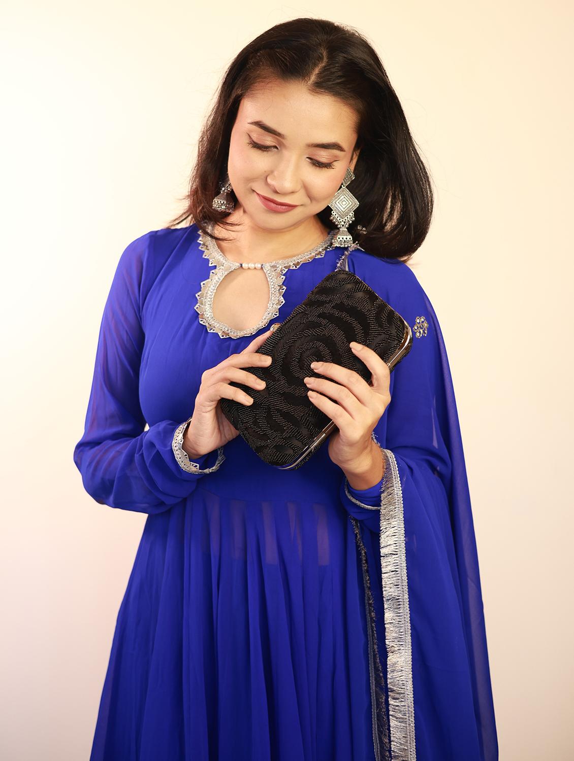 black zari work suede box clutch - 22041129 - Standard Image - 6