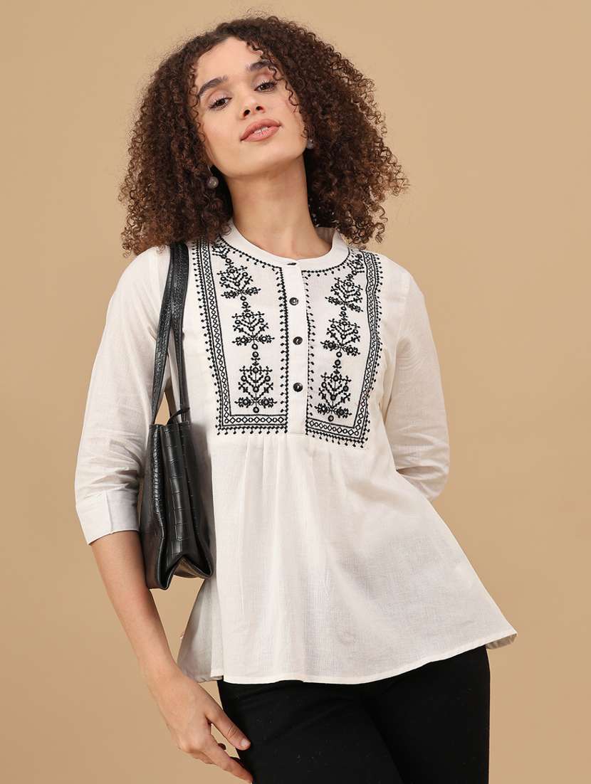 women solid with work three quarter sleeve a-line kurti - 22041271 -  Standard Image - 1