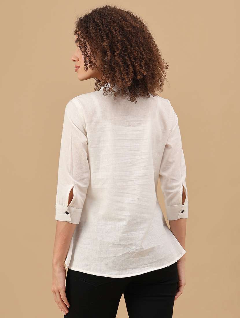 women solid with work three quarter sleeve a-line kurti - 22041271 -  Standard Image - 4