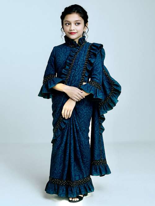 girls embellished ready to wear ruffle saree - 22041272 - Standard Image - 0