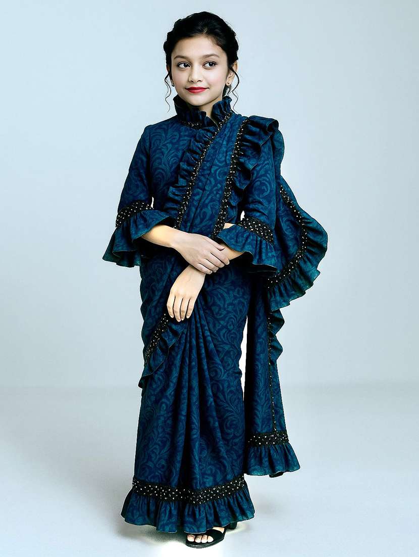 girls embellished ready to wear ruffle saree - 22041272 - Zoom Image - 0