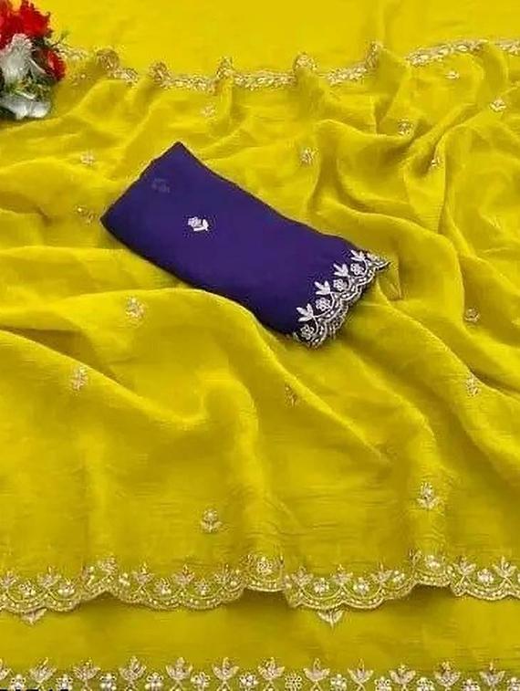 women solid with work embroidered saree with blouse - 22041283 - Zoom Image - 0