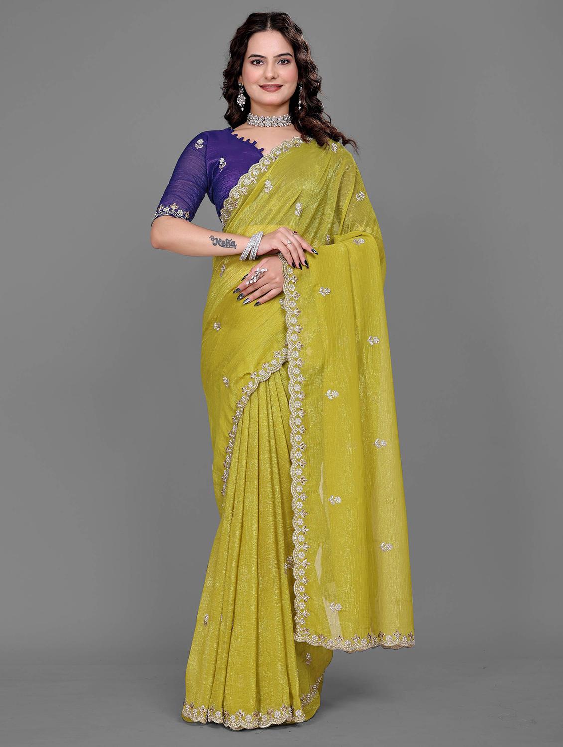 women solid with work embroidered saree with blouse - 22041284 -  Standard Image - 1