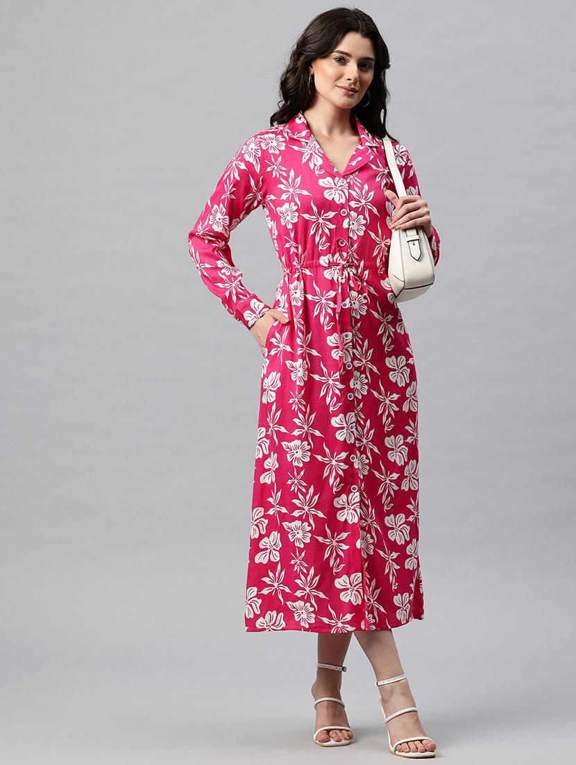 women floral print lapel neck long sleeve shirt dress