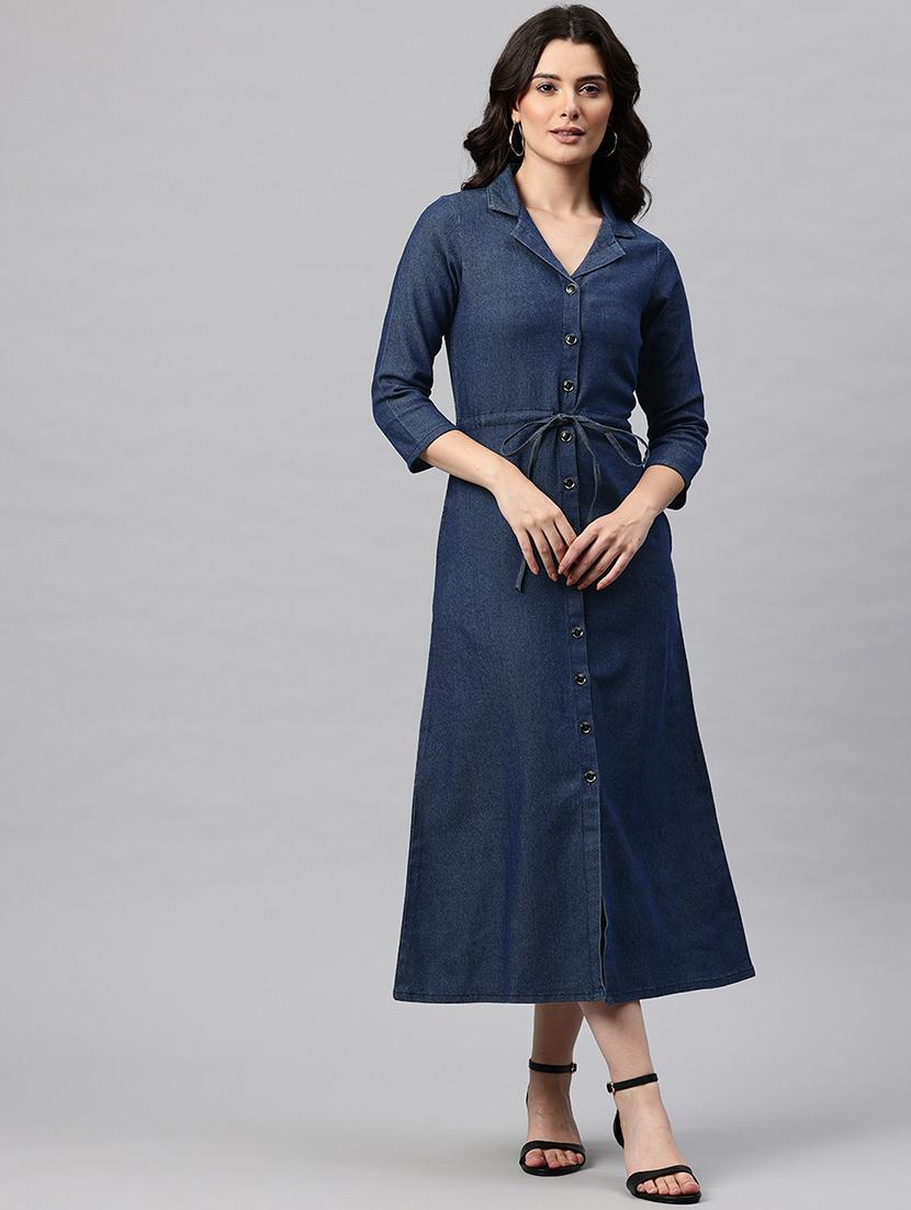 women solid lapel neck shirt denim dress - 22041300 - Standard Image - 1