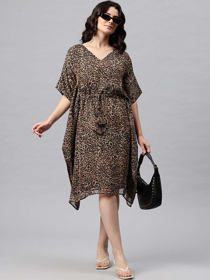 women animal print kimono sleeve kaftan dress