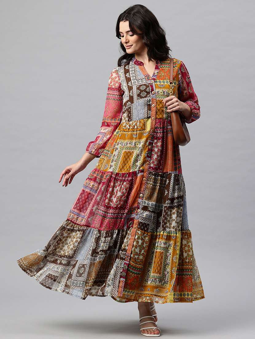 women printed mandarin neck long sleeve tiered dress - 22041305 - Standard Image - 1