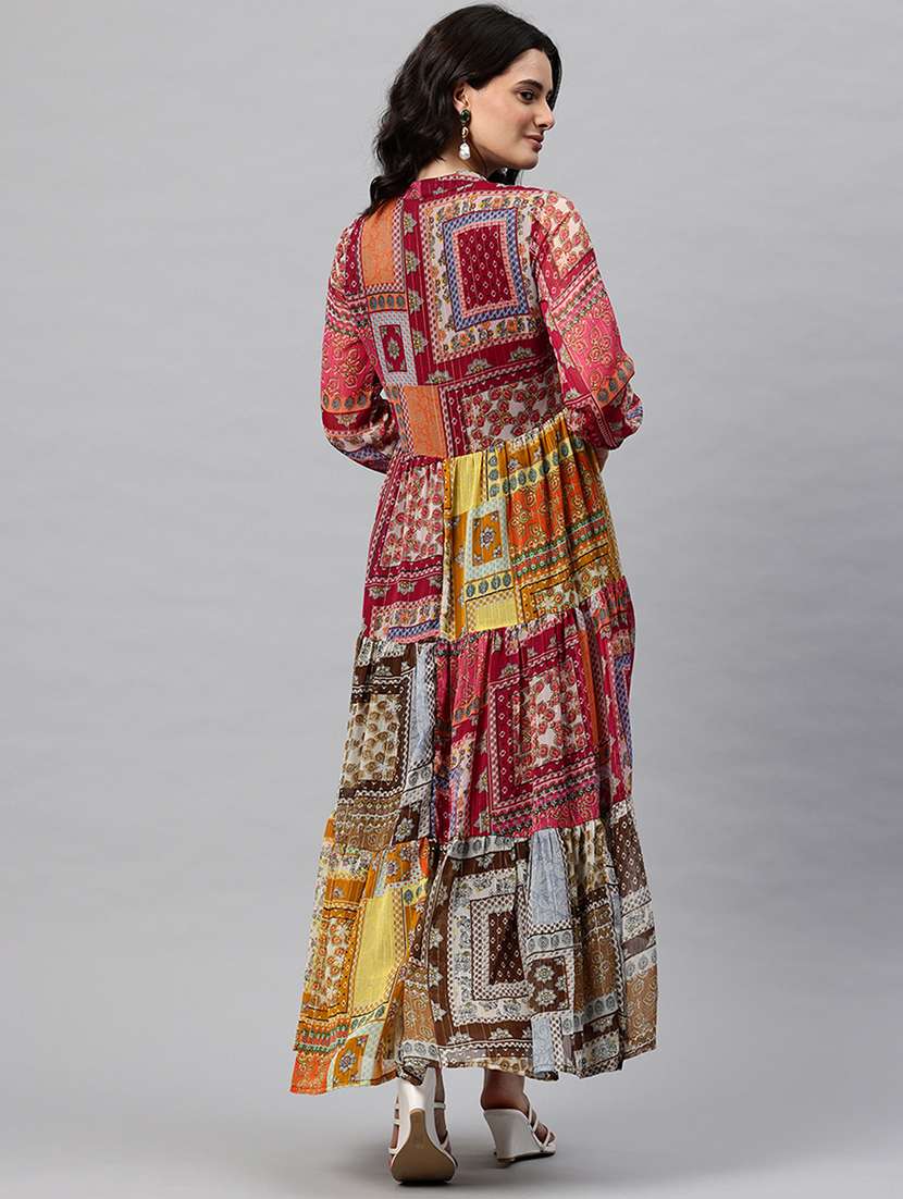 women printed mandarin neck long sleeve tiered dress - 22041305 - Standard Image - 4