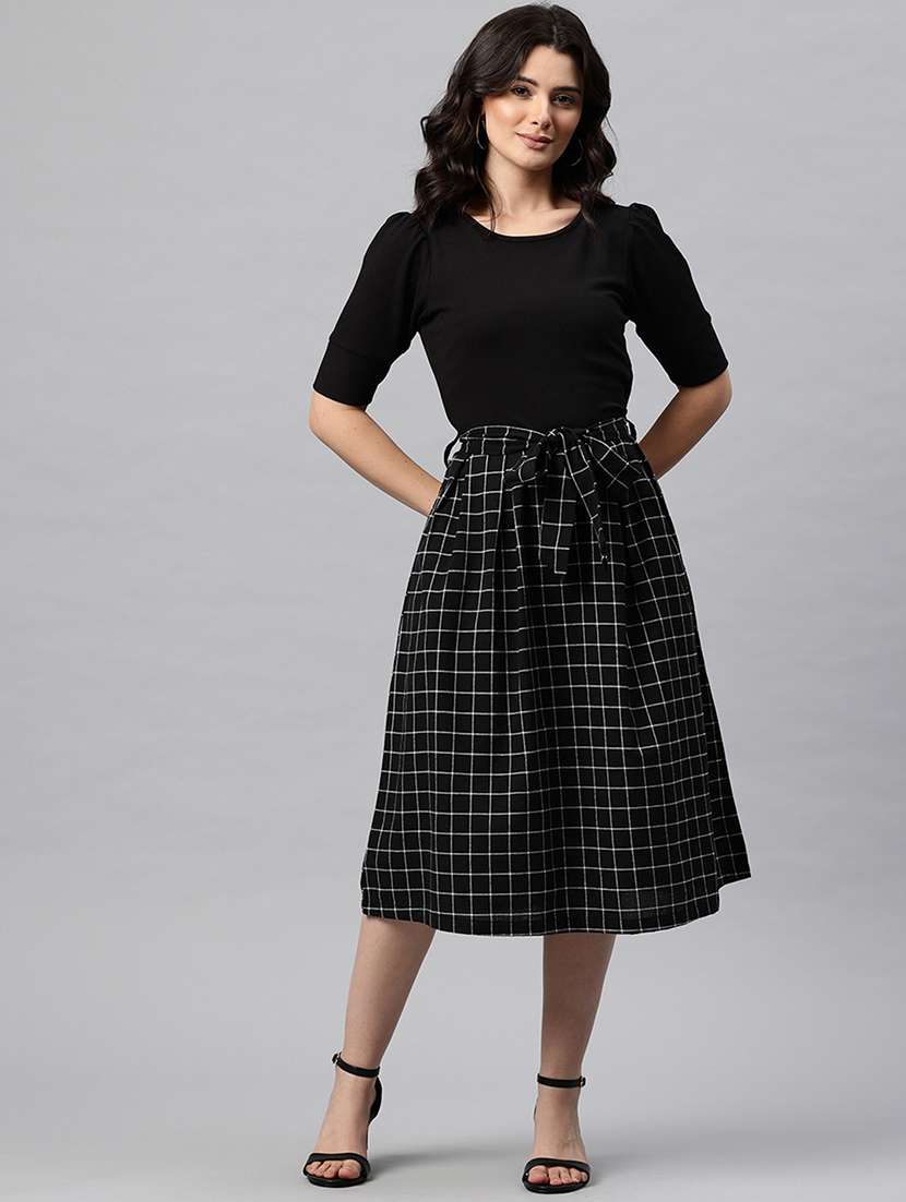 women checkered puff sleeve fit & flare dress - 22041310 -  Standard Image - 1