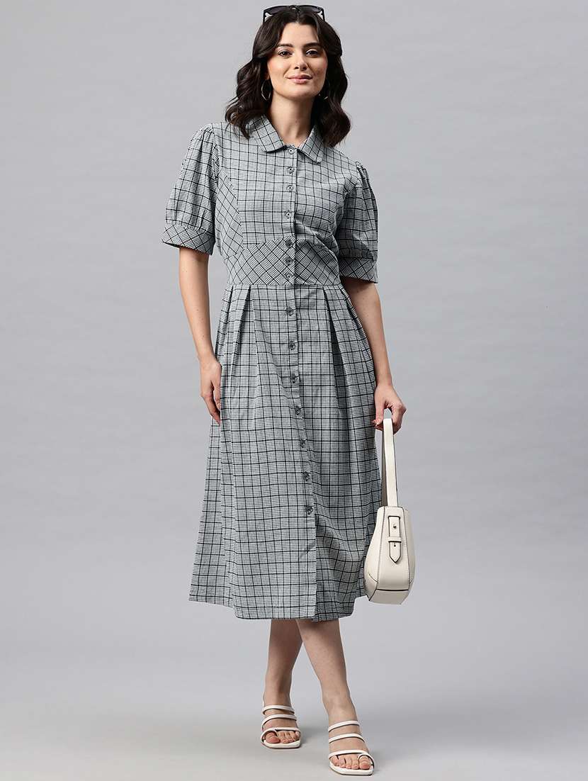 women checkered collared puff sleeve shirt dress