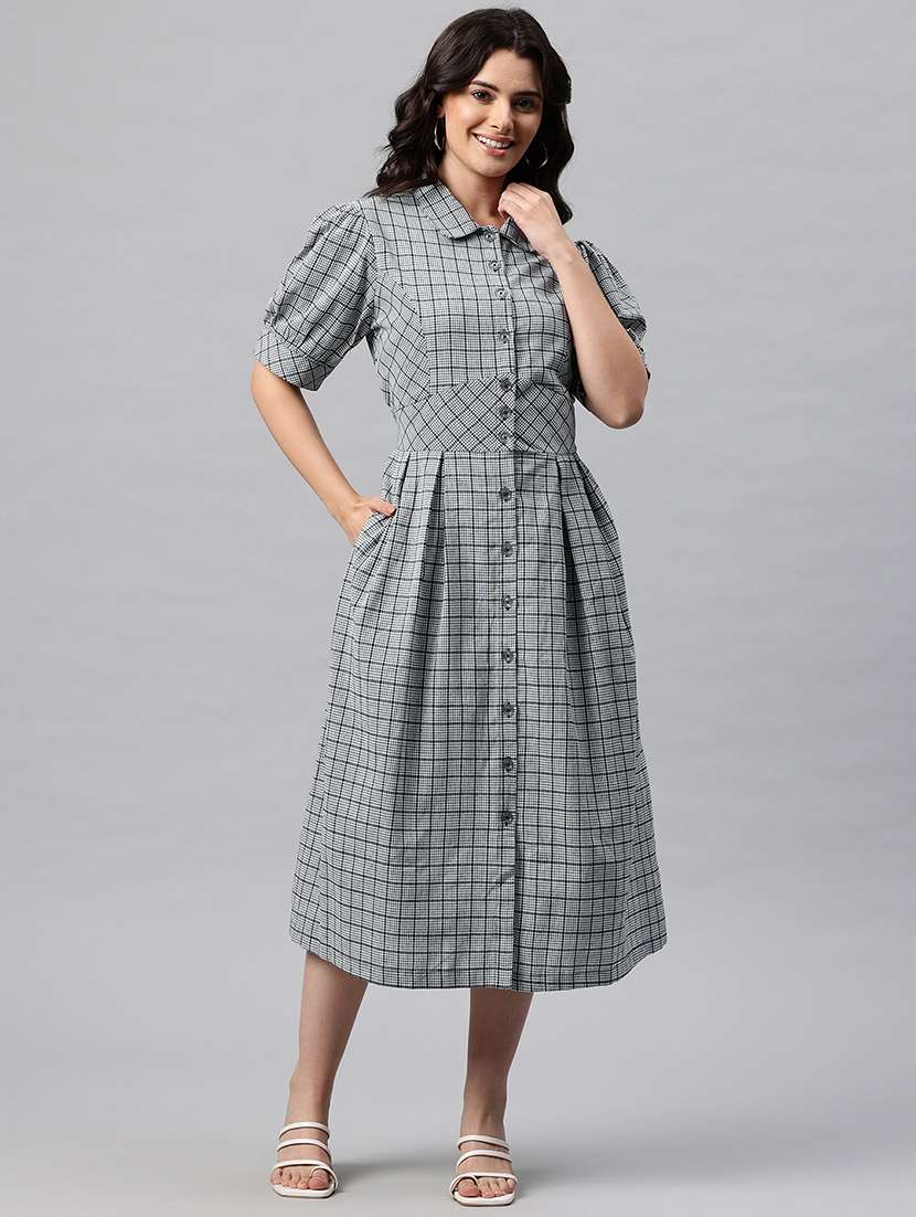 women checkered collared puff sleeve shirt dress - 22041312 -  Standard Image - 1
