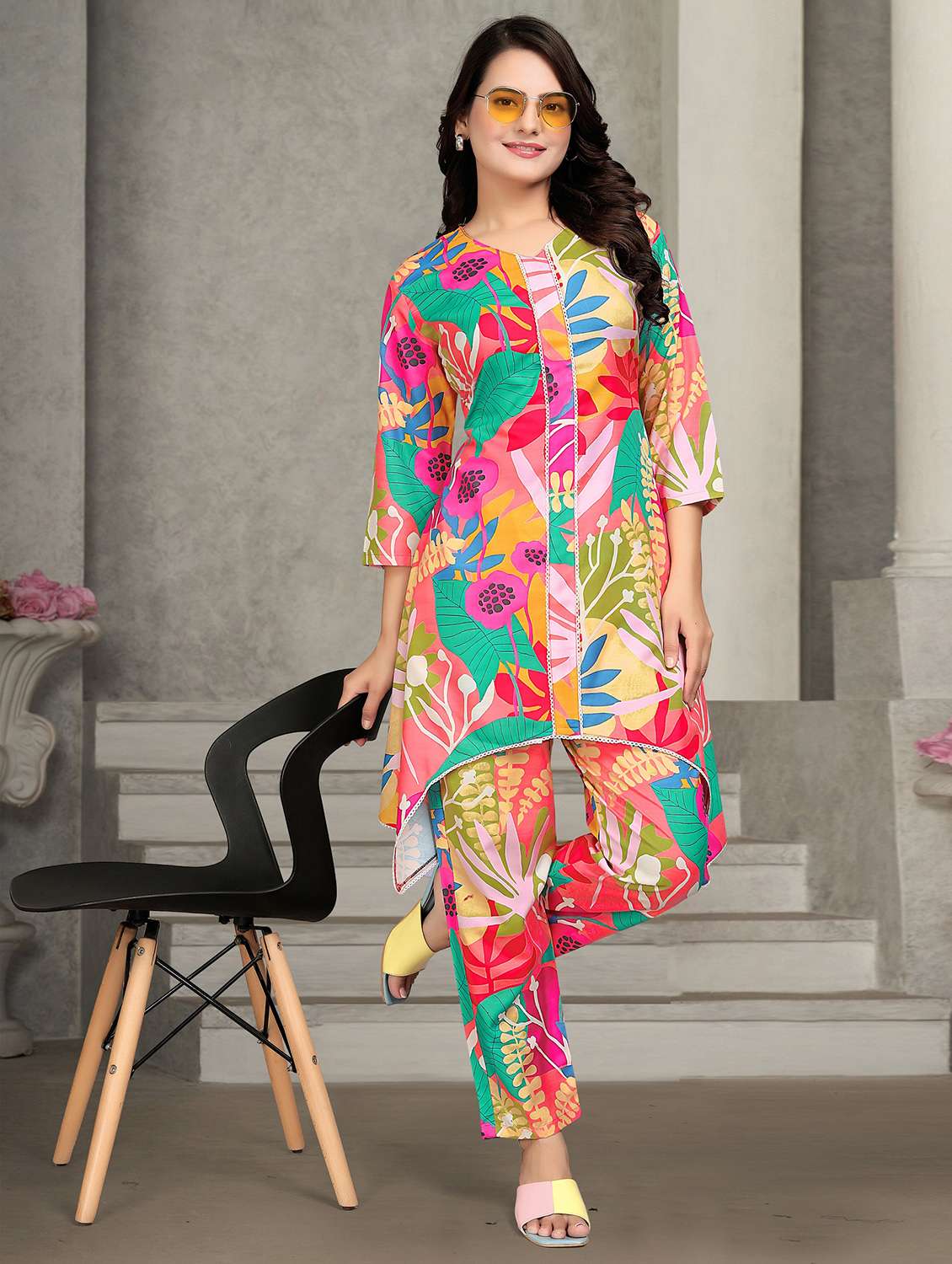 women printed three quarter sleeve ethnic co-ord set