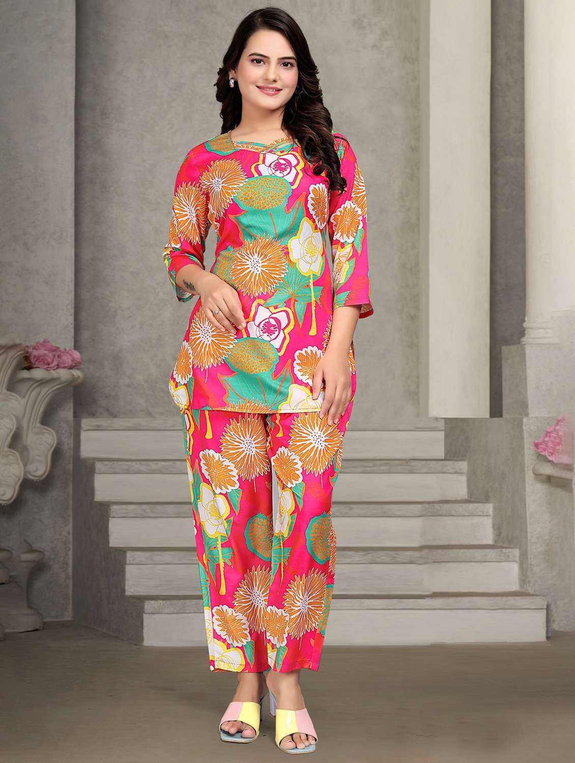 floral printed cotton blend co-ord set pink