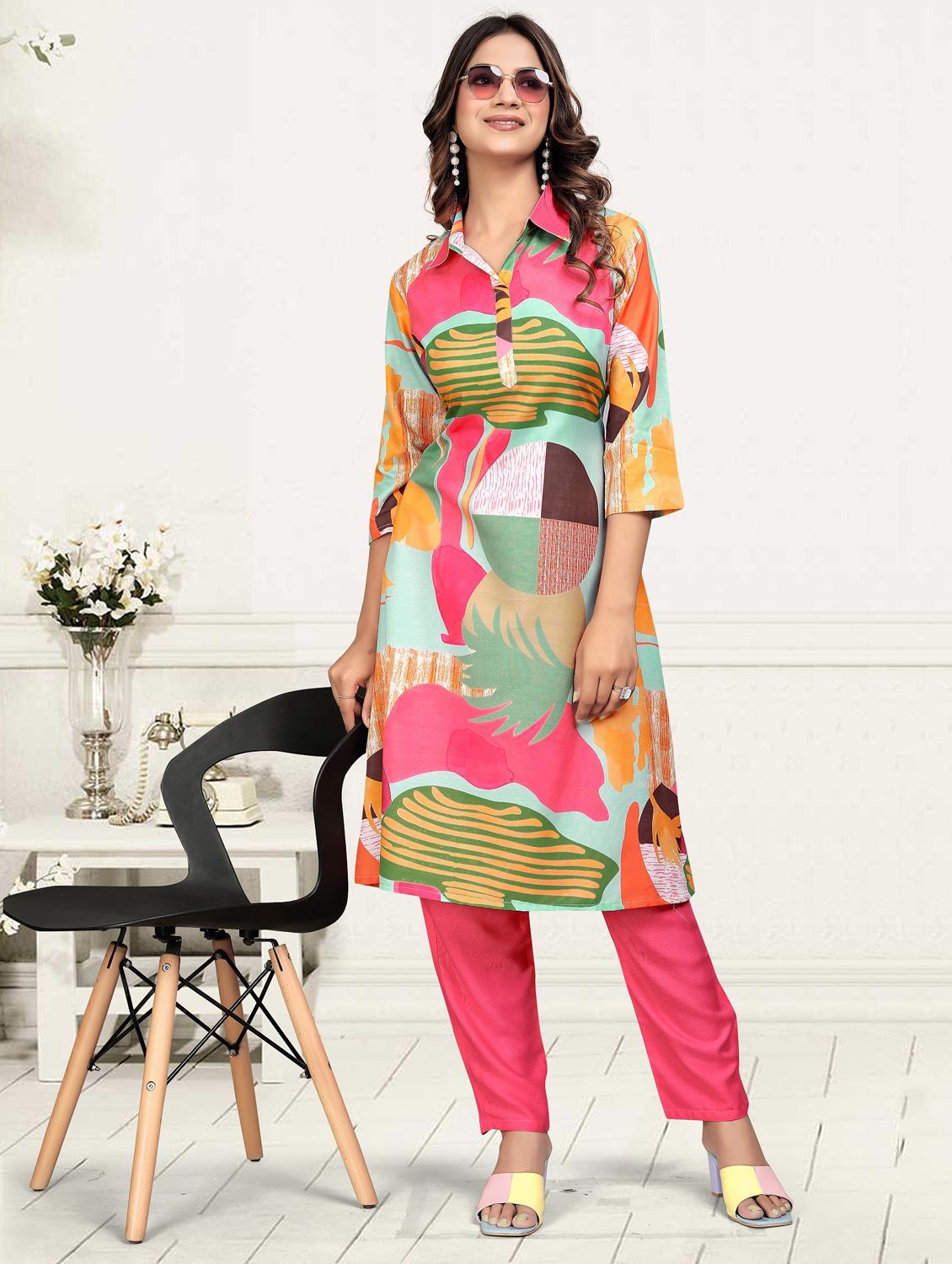 women printed three quarter sleeve ethnic co-ord set - 22041319 - Standard Image - 1