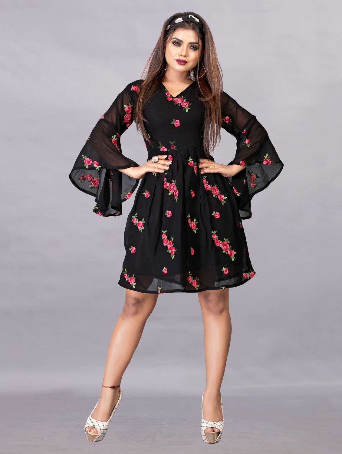women embroidered flared sleeve fit & flare dress