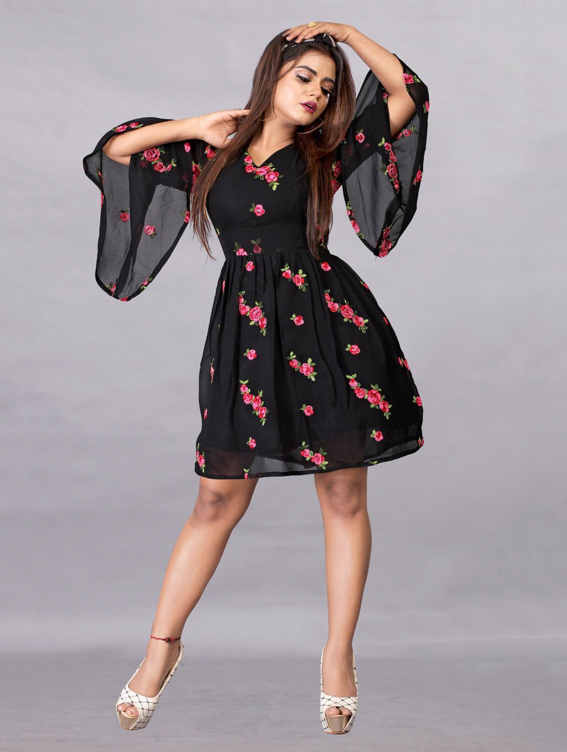 women embroidered flared sleeve fit & flare dress - 22041324 - Standard Image - 1