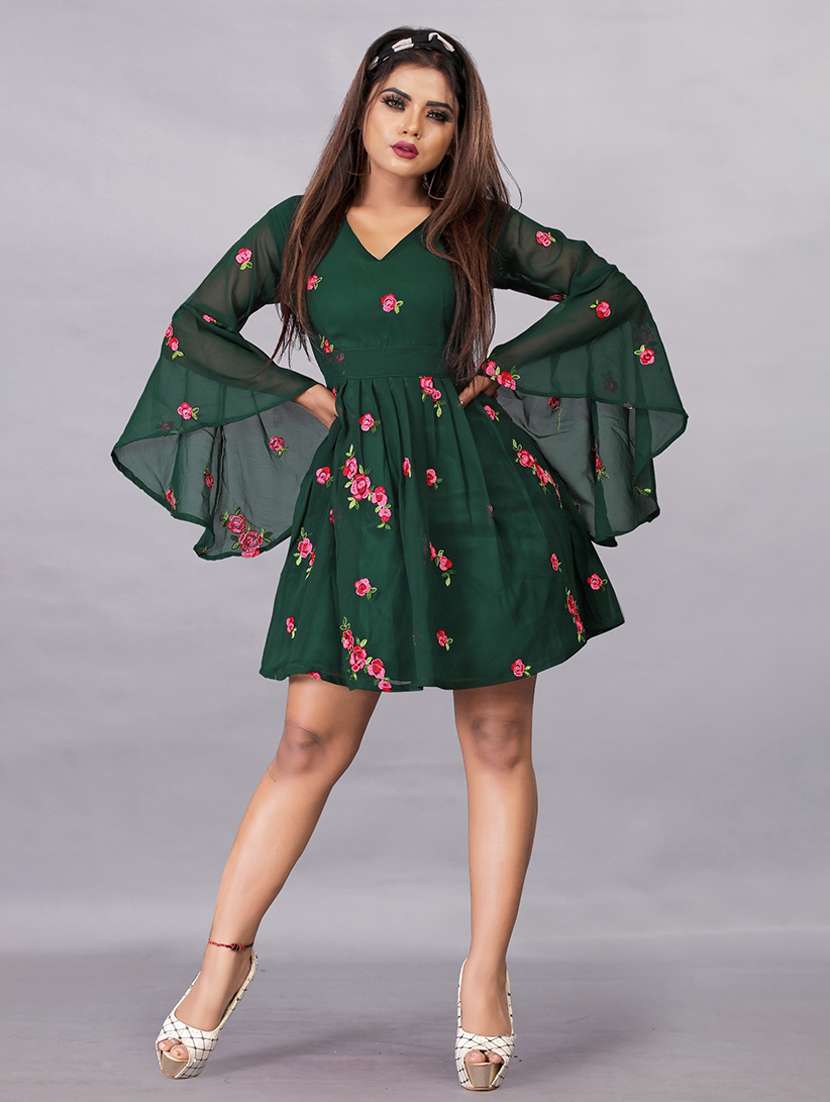 women embroidered flared sleeve fit & flare dress