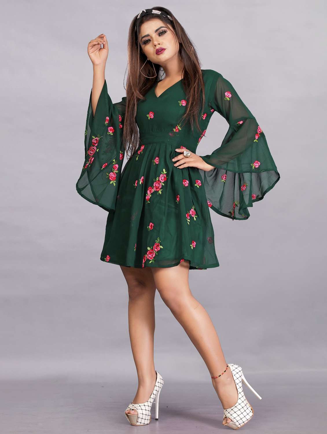 women embroidered flared sleeve fit & flare dress - 22041325 -  Standard Image - 1
