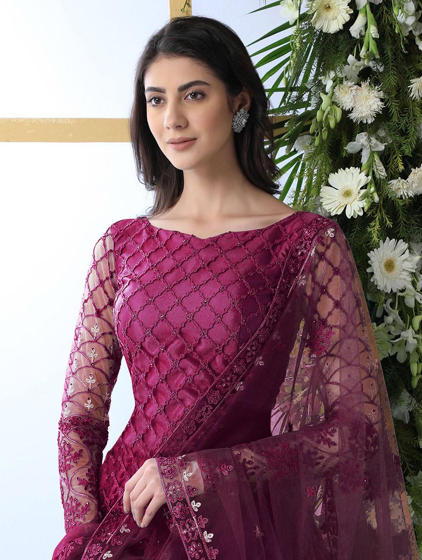 women embroidered long sleeve fit & flare gown with dupatta - 22041362 - Standard Image - 1