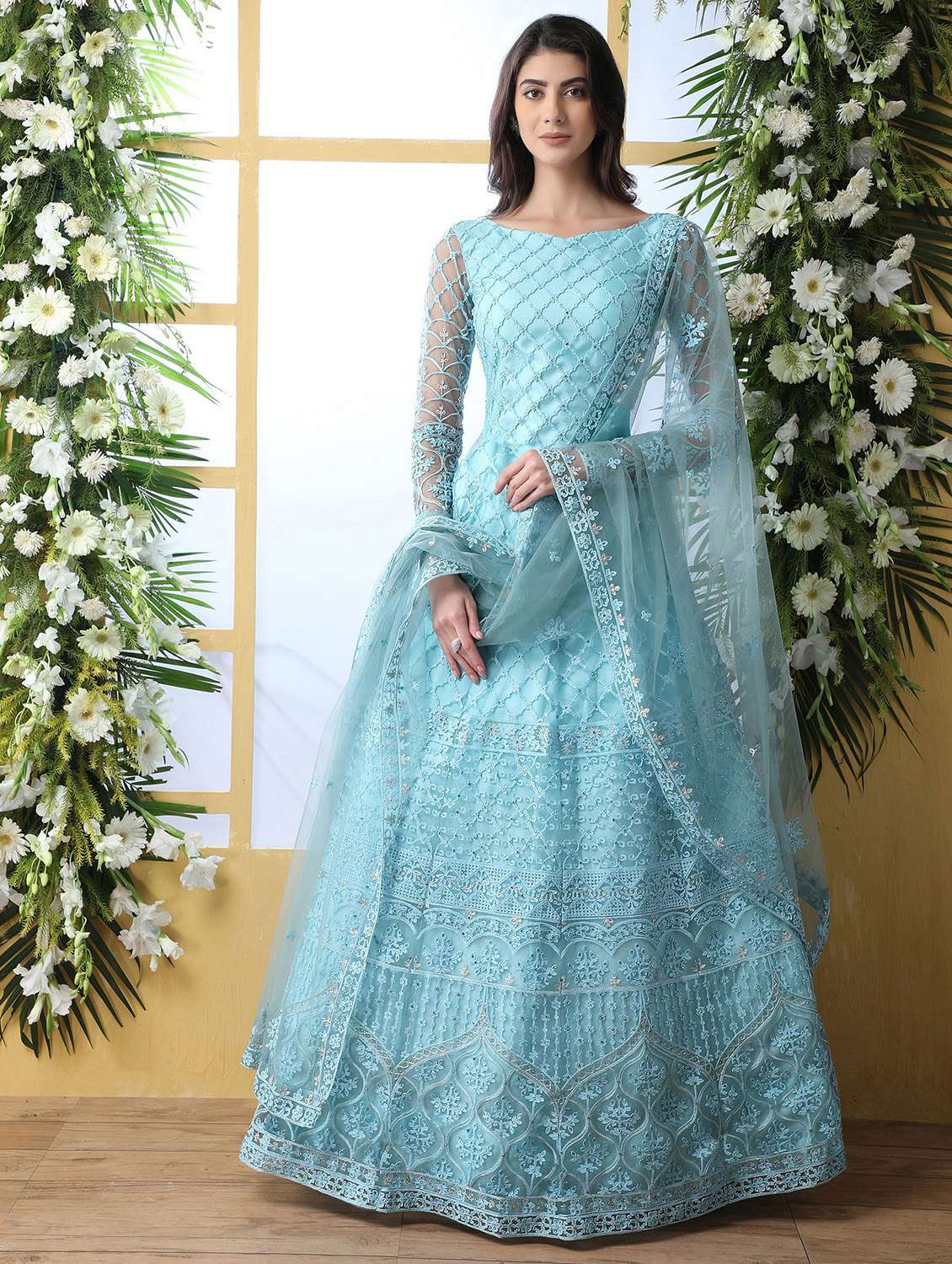 women embroidered fit & flare gown 
