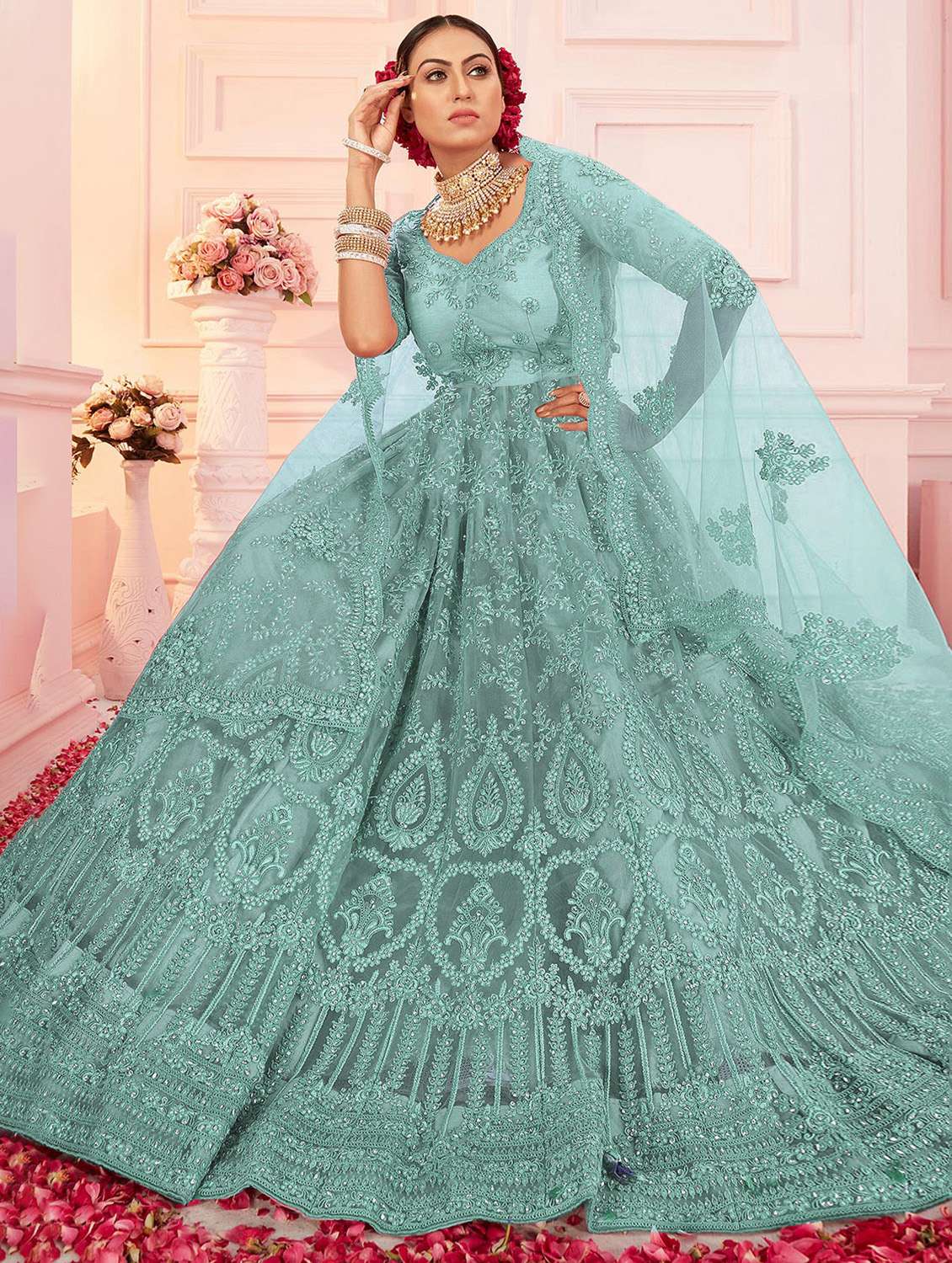 women embroidered fit & flare gown with dupatta - 22041373 -  Standard Image - 1
