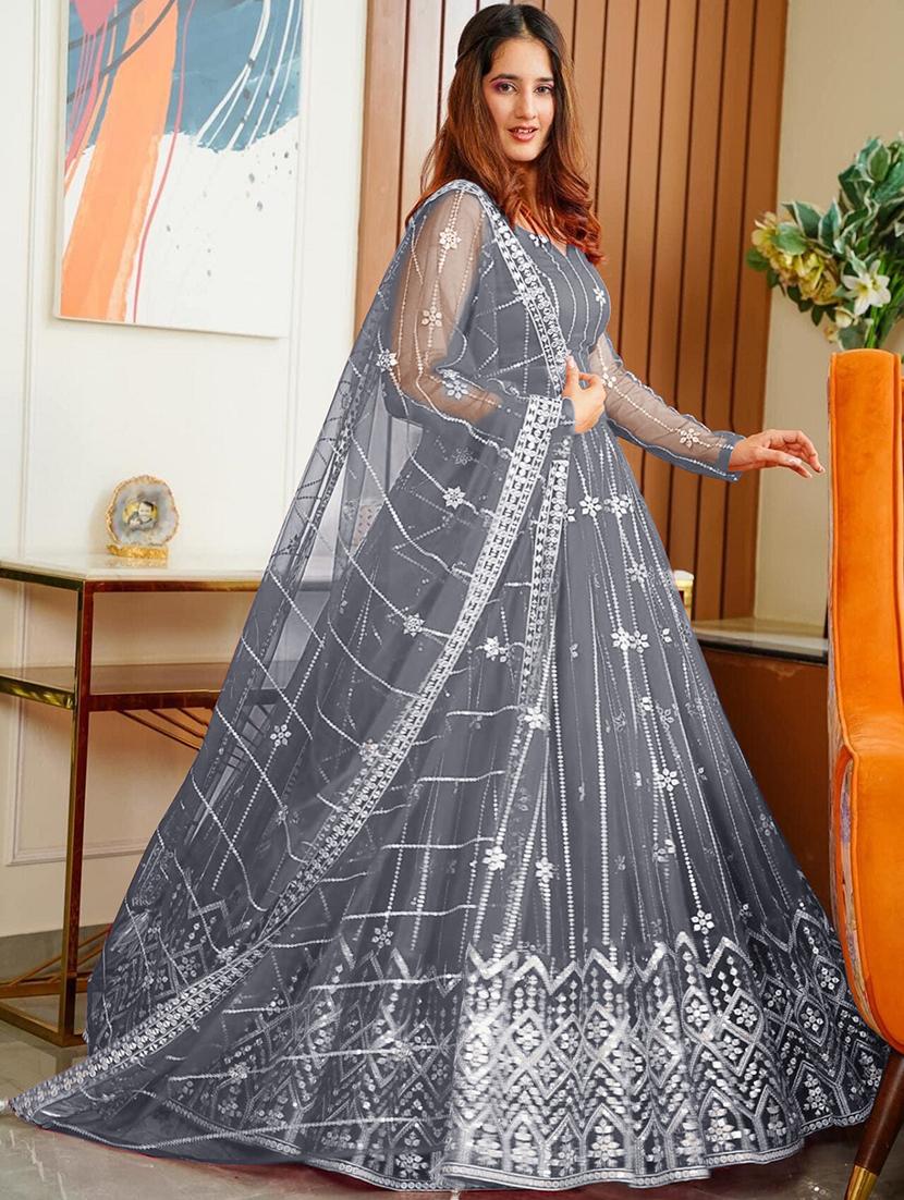 grey net fit & flare gown - 22041376 - Standard Image - 1