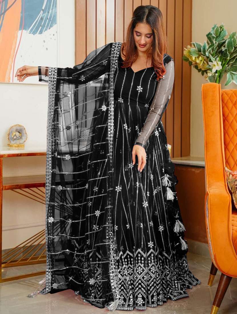women embroidered fit & flare gown with dupatta - 22041379 -  Standard Image - 1