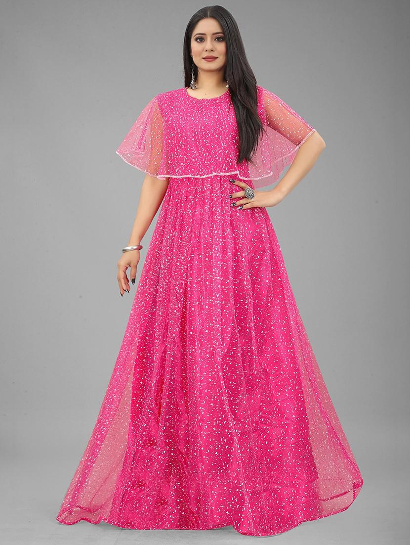 women printed cape sleeve fit and flared gown