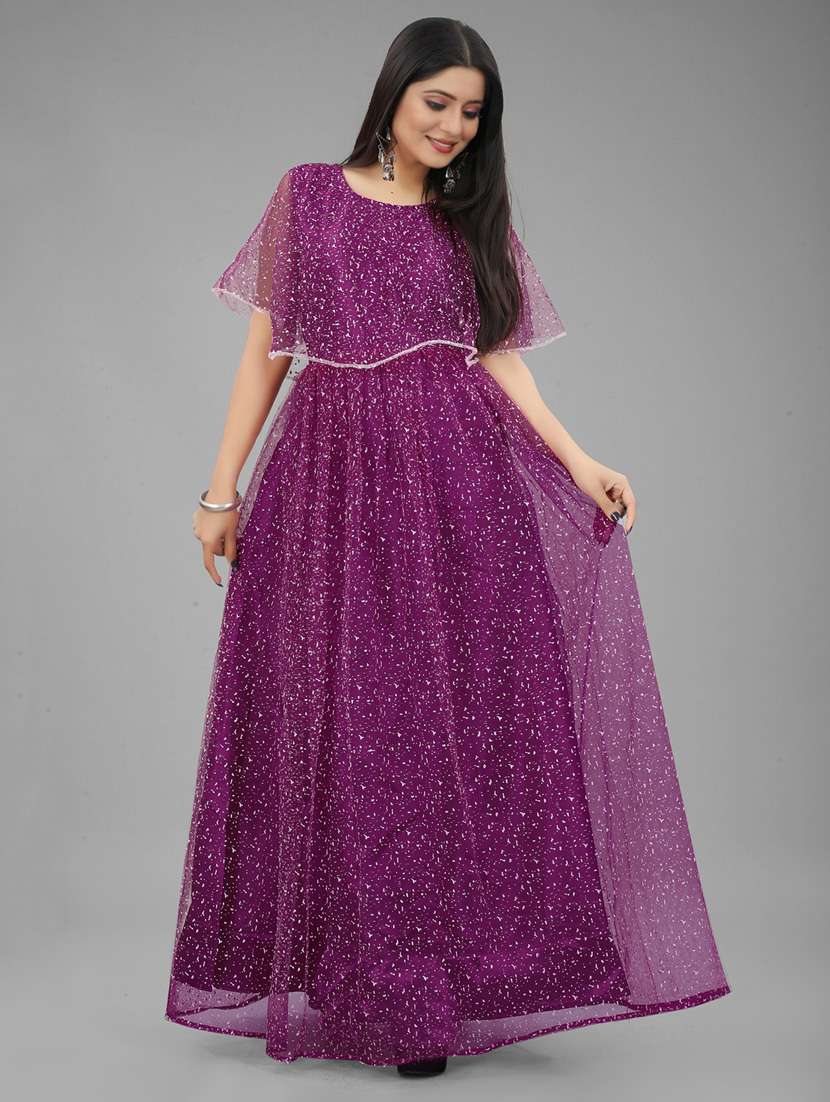 women embroidered cape sleeve fit & flare gown