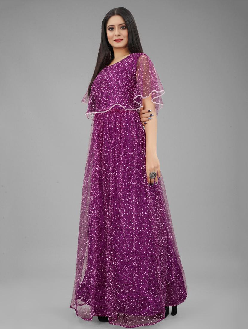 women embroidered cape sleeve fit & flare gown - 22041399 - Standard Image - 1