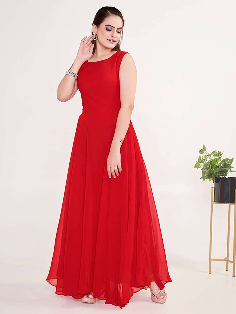 women solid sleeveless fit & flare stitched gown - 22041414 -  Standard Image - 1