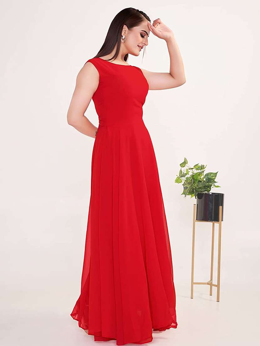 women solid sleeveless fit & flare stitched gown - 22041414 -  Standard Image - 4
