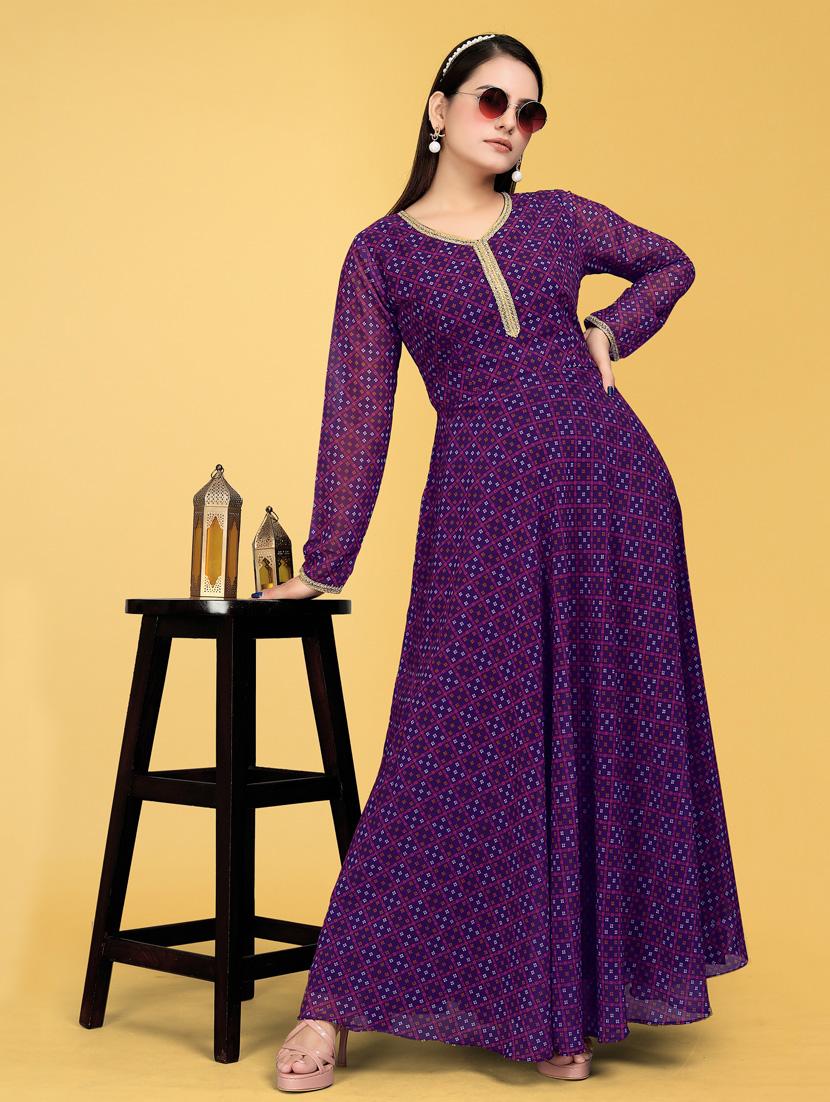 women printed long sleeve fit & flare gown  - 22041416 -  Standard Image - 1