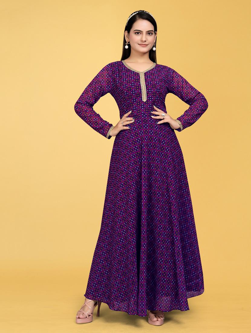 women printed long sleeve fit & flare gown - 22041416 - Standard Image - 4
