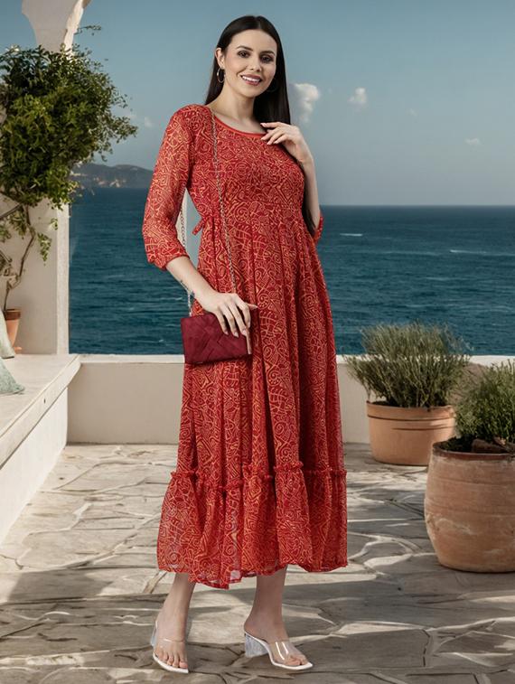 women printed three quarter sleeve tiered dress - 22041419 -  Standard Image - 1