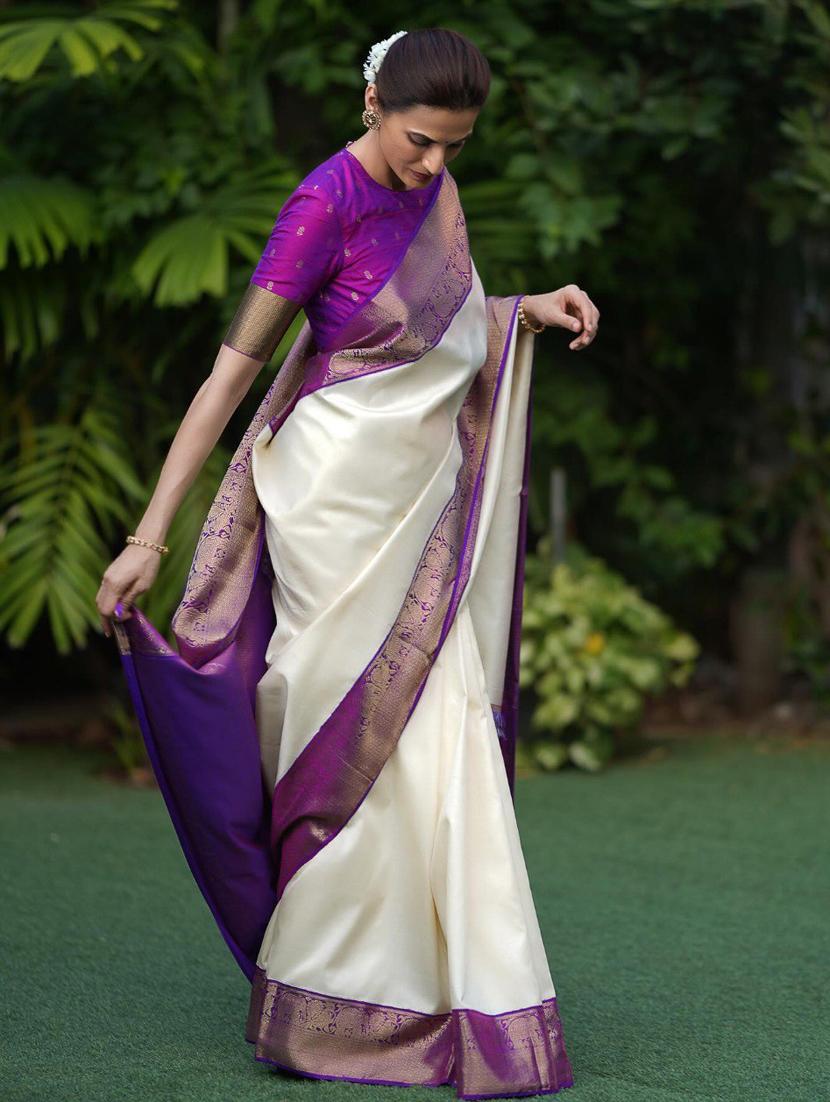 women solid with bordered saree with blouse - 22041426 - Standard Image - 1