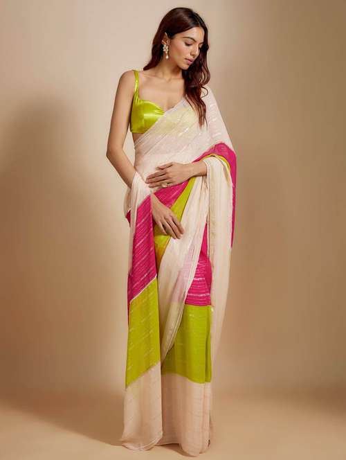 women striped plain saree with blouse - 22041443 -  Standard Image - 0