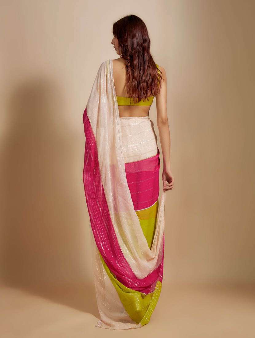women striped plain saree with blouse - 22041443 -  Standard Image - 1