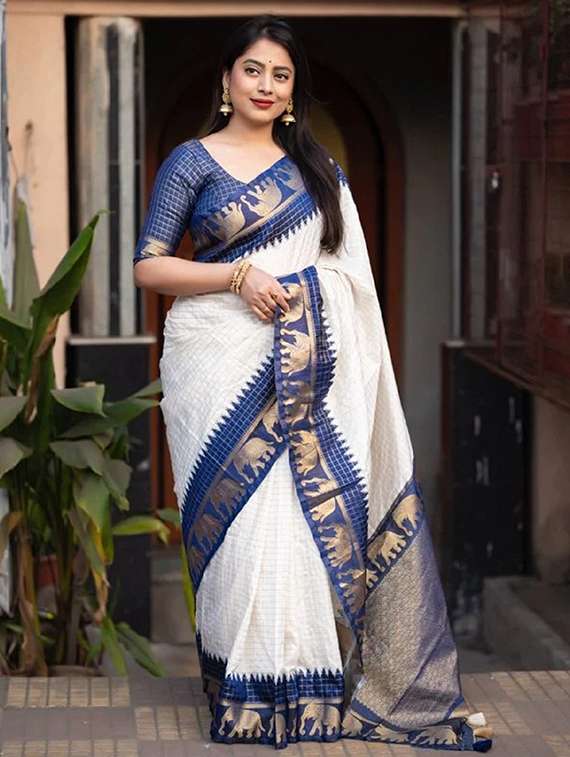 women checkered bordered saree with blouse